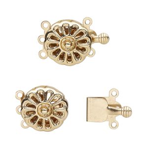 Clasp tab 1pkg10, 13mm flower round, gold-finished brass 3-strand
