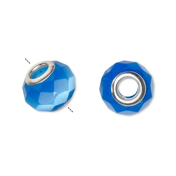 Bead, Dione®, cat's eye glass (fiber optic glass) and silver-plated brass grommets, blue, 13x10mm-14x10mm faceted rondelle. Sold per pkg of 4. image number 0