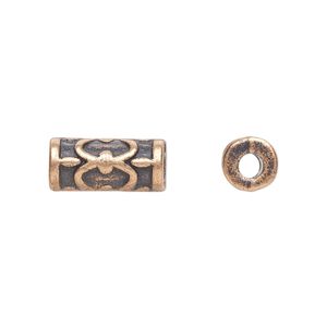 Bead, antique copper-plated "pewter" (zinc-based alloy), 13x6mm fancy tube. Sold per pkg of 20.