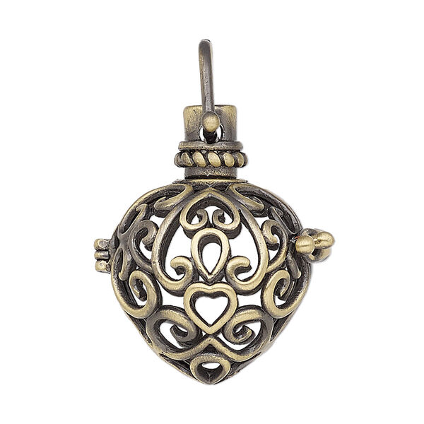 Drop, antique brass-finished brass, 29x20.5mm heart bead cage with fancy heart cutouts and safety latch, fits 14mm round bead. Sold individually. image number 0