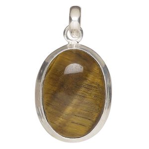 Pendant, tigereye (natural) and sterling silver, 28x21mm-31x24mm oval. Sold individually.