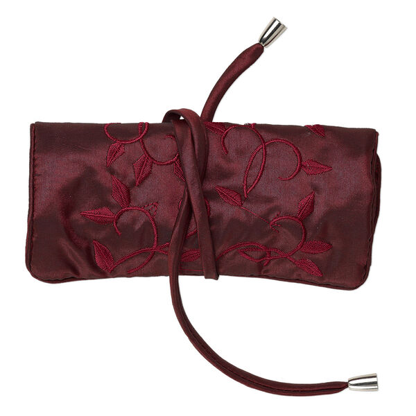 Jewelry pouch, rayon / nylon / plastic, burgundy and multicolored, 9x6-1/2 inch roll with embroidered leaves design, tie closure. Sold individually. image number 0