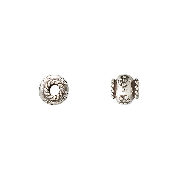Bead, Hill Tribes, antiqued sterling silver, 7x6mm rondelle with flower design and rope edge. Sold per pkg of 2. image number 0