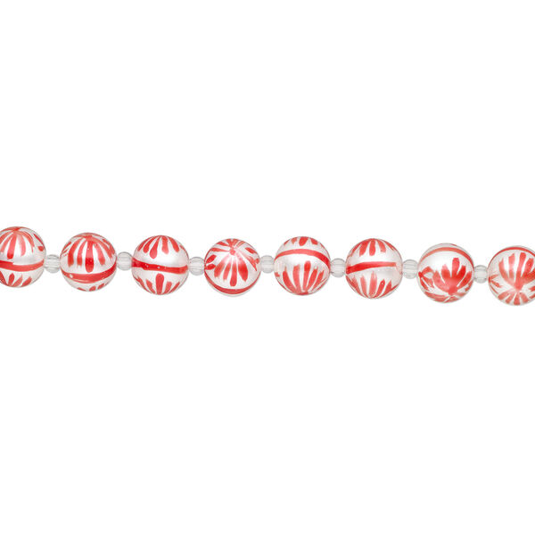 Bead, glass 1pkg8, opaque white and red, 14mm hand-painted round. image number 1