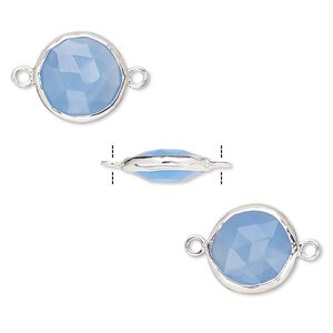 Link, blue chalcedony (dyed) and sterling silver, 12mm double-sided faceted round. Sold per pkg of 2.