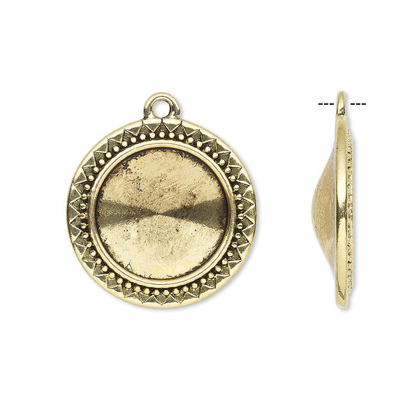 Drop, Almost Instant Jewelry®, antique gold-finished "pewter" (zinc-based alloy), 23mm round with triangle and beaded design with 16mm rivoli setting. Sold per pkg of 6. image number 0
