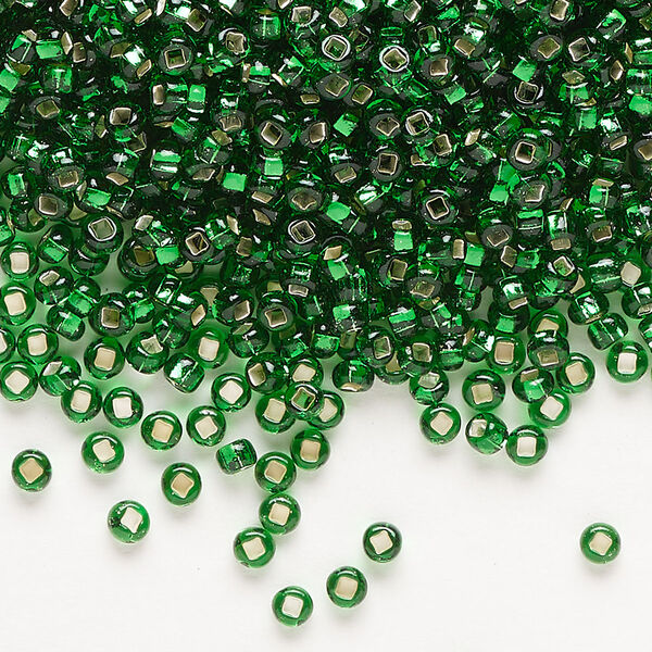 Seed bead, Preciosa Ornela Czech glass, pkg/50g, #8 rocaille, transparent silver-lined medium green, (57060). image number 0