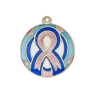Drop, enamel and gold-finished brass, pink / dark blue / white, 25-26mm single-sided flat round with awareness ribbon design. Sold per pkg of 2.