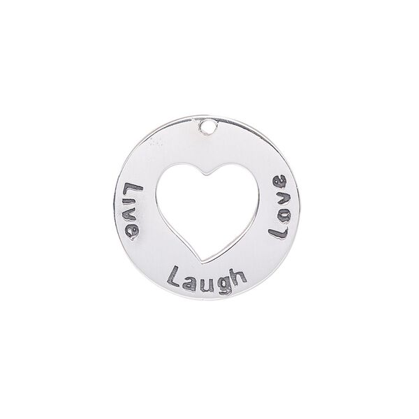 Drop, enamel and sterling silver, black, 20mm single-sided round with cutout heart and "Live, Laugh, Love." Sold individually. image number 0