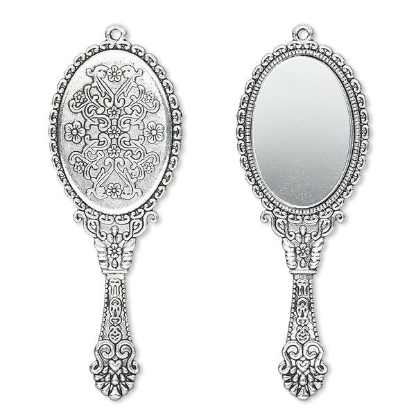 Focal, glass and antique silver-plated "pewter" (zinc-based alloy), 70x26mm single-sided hand mirror. Sold individually. image number 0