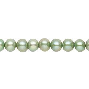 Pearl, cultured freshwater (dyed), kelly green, 5-6mm semi-round with 0.4-0.6mm hole, D grade, Mohs hardness 2-1/2 to 4. Sold per 15-inch strand.