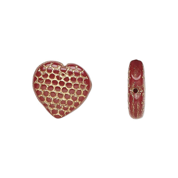 Bead, Czech pressed glass, opaque brown/gold, 14mm heart. Sold per 15" to 16" strand. image number 0