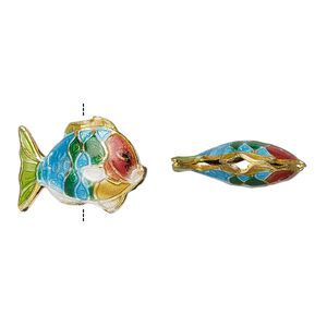 Bead, enamel and gold-finished copper, multicolored, 18x13mm fish. Sold per pkg of 4.