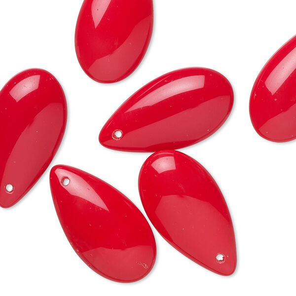 Drop, Preciosa, Czech pressed glass, opaque red, 21x11mm puffed teardrop. Sold per pkg of 6. image number 0