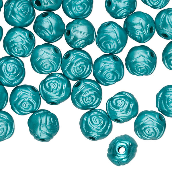 Bead, acrylic, opaque teal blue, 8mm round rose. Sold per pkg of 100. image number 0