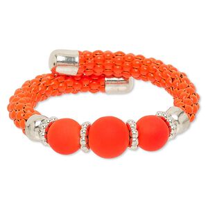 Bracelet, acrylic / silver-coated plastic / silver-finished steel / painted steel memory wire, neon orange, 16mm wide, adjustable from 6-1/2 to 7-1/2. Sold individually.