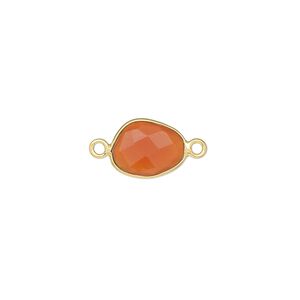 Link, carnelian (dyed / heated) and gold-finished sterling silver, 9x7mm-12x10mm oval with 8x6mm-11x9mm hand-cut double-sided faceted flat freeform oval. Sold individually.