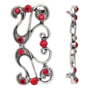 Spacer, antiqued silver-finished "pewter" (zinc-based alloy) and Czech glass rhinestone, light Siam, 40x19mm 2-strand fancy rectangle with flourish design. Sold per pkg of 4.