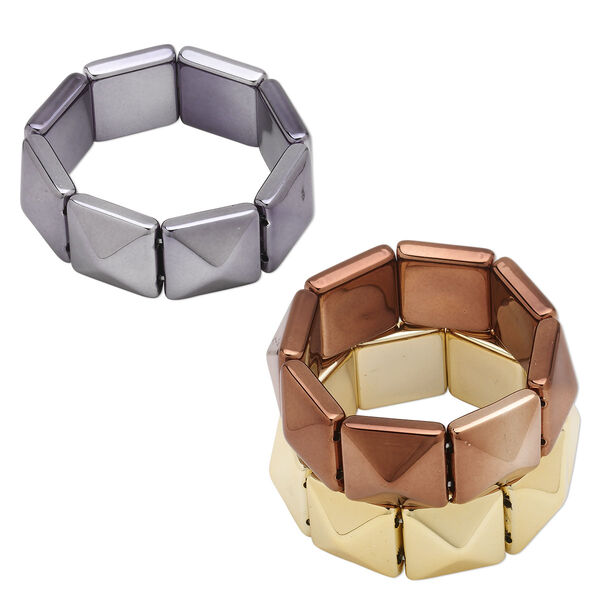 Bracelet, stretch, acrylic, copper / gold / gunmetal, 25mm square pyramid, 6-1/2 inches. Sold per pkg of 3. image number 0
