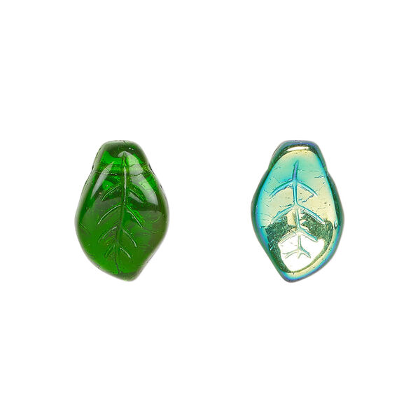 Bead, Czech pressed glass, emerald green AB, 14x9mm top-drilled leaf. Sold per 15-1/2" to 16" strand, approximately 60 beads. image number 0