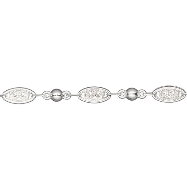 Chain, silver-plated "pewter" (zinc-based alloy), 4mm filigree and 3mm ball. Sold per pkg of 5 feet. image number 0