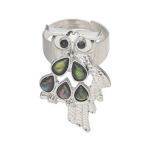 Ring 1pkg1 steel / paua shell /glass rhinestone, 35x21mm owl, natural silver finish / black