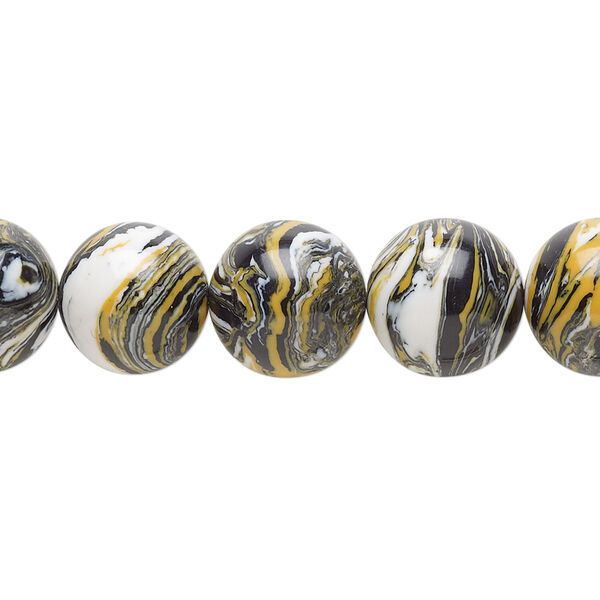 Bead, resin, black / white / dark yellow, 12mm round. Sold per 15" to 16" strand. image number 0