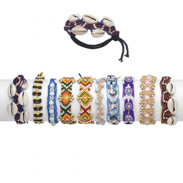 Bracelet mix, wood (dyed) / gold-ringer cowrie shell (natural) / nylon cord / polymer clay / plastic / glass, multicolored, promise style, adjustable from 6-9 inches with macramé knot closure. Sold per pkg of 10. image number 0