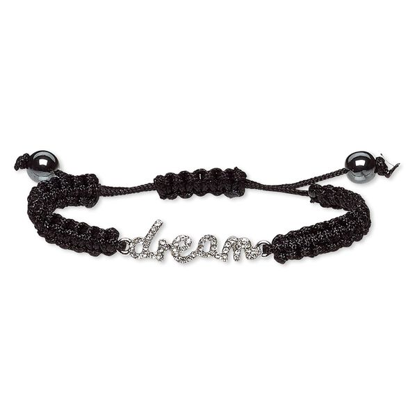 Bracelet, Hemalyke&trade; (man-made) / waxed cotton cord / glass rhinestone / silver-plated "pewter" (zinc-based alloy), black and clear, 31x10mm "dream," adjustable from 6-1/2 to 9 inches with macram&eacute; knot closure. Sold individually. image number 0