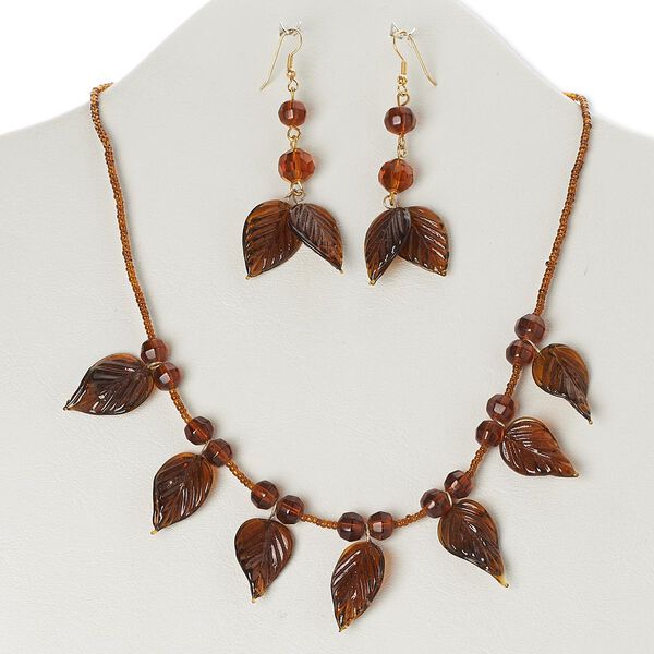 Necklace and earring set, glass with gold-finished steel and brass, amber brown, leaf, 19 inches with lobster claw clasp, 2-3/4 inch earrings with fishhook ear wire. Sold per set. image number 0