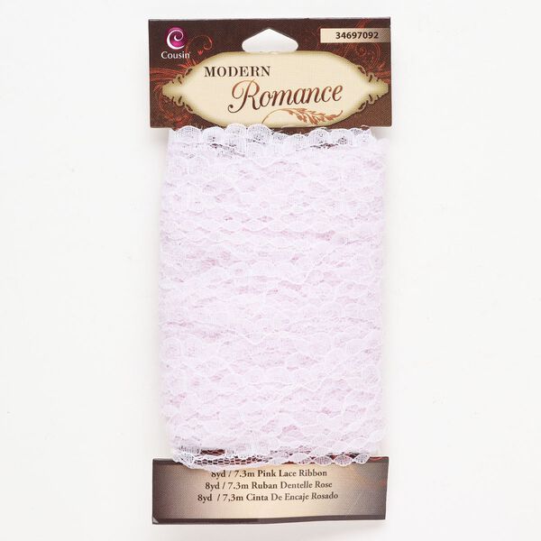 Ribbon 1pkg1 lace, light pink, 1 inch flat, 8-yard section. image number 0