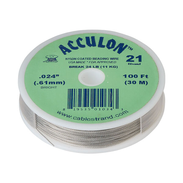 Beading wire, Acculon®, nylon-coated stainless steel, clear, 21 strand, 0.024-inch diameter. Sold per 100-foot spool. image number 0