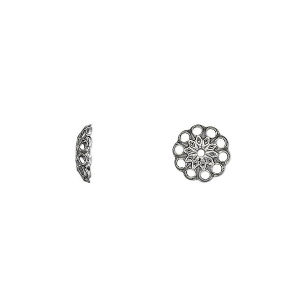 Bead cap, antique silver-plated brass, 8x2mm fancy round with cutouts, fits 8-10mm bead. Sold per pkg of 500. image number 0