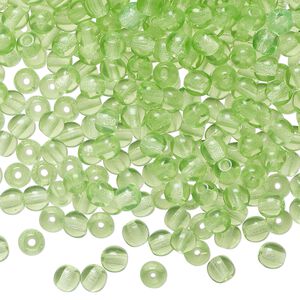 Bead, pressed glass, transparent spring green, 4mm round. Sold per 2-ounce pkg, approximately 660 beads.