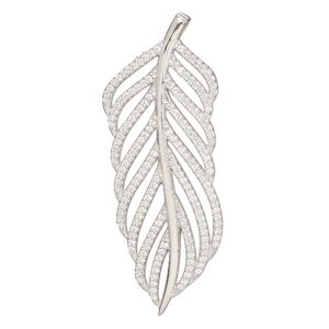 Focal, cubic zirconia and rhodium-plated sterling silver, clear, 48x18.5mm single-sided feather with hidden bail. Sold individually.