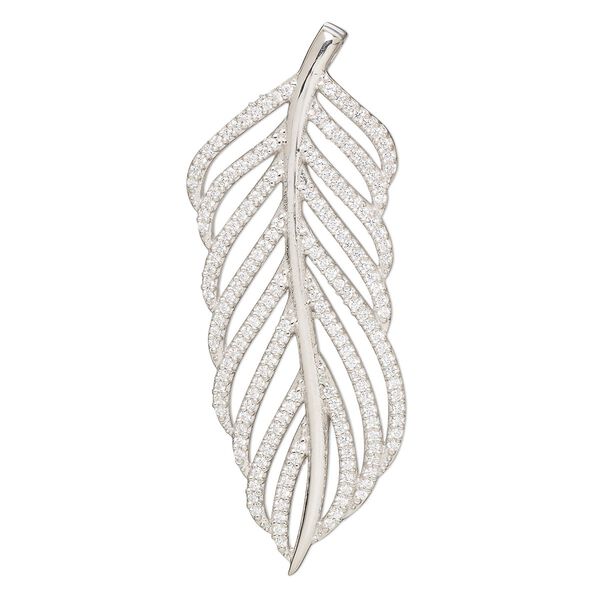 Focal, cubic zirconia and rhodium-plated sterling silver, clear, 48x18.5mm single-sided feather with hidden bail. Sold individually. image number 0