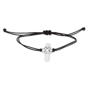 Bracelet, waxed cotton cord and antiqued sterling silver, black, 20x15mm hammered cross, adjustable from 6-1/2 to 9 inches with macramé knot closure. Sold individually.