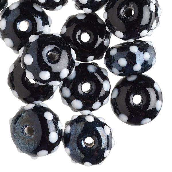 Bead, lampworked glass, black and white, 13x9mm bumpy rondelle. Sold per pkg of 24. image number 0