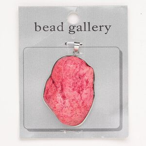 Focal "pewter" zinc-based alloy howlite 1pk 38x27mm-50x35mm freeform, silver finish pink dyed