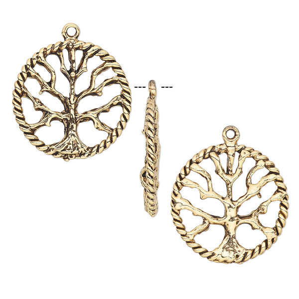 Drop, antique gold-plated pewter (tin-based alloy), 22mm tree of life round. Sold per pkg of 2. image number 0