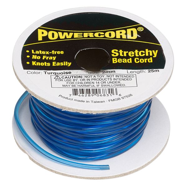Cord, Powercord®, elastic, turquoise, 2mm, 21.5-pound test. Sold per 25-meter spool. image number 0