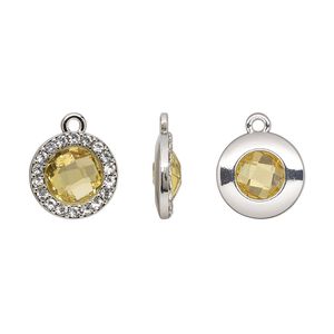 Drop, glass / glass rhinestone / imitation rhodium-finished "pewter" (zinc-based alloy), clear and transparent citrine yellow, 15.5mm single-sided round. Sold per pkg of 2.