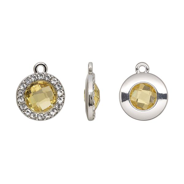 Drop, glass / glass rhinestone / imitation rhodium-finished "pewter" (zinc-based alloy), clear and transparent citrine yellow, 15.5mm single-sided round. Sold per pkg of 2. image number 0