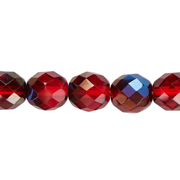 Bead, Czech fire-polished glass, red blue iris, 10mm faceted round. Sold per 15-1/2" to 16" strand. image number 0