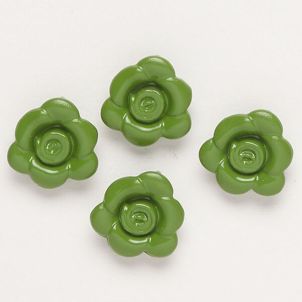 Charm, "pewter" (zinc-based alloy) and enamel, moss green, 13-14mm flower with hidden loop. Sold per pkg of 4. image number 0
