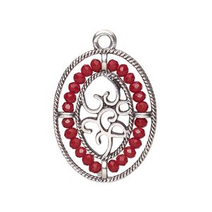 Drop, antique silver-finished "pewter" (zinc-based alloy), dark red, 28x21.5mm oval with hearts and beaded border. Sold per pkg of 2.