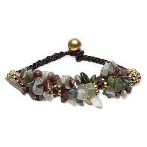 Fancy jasper / nylon / brass / steel 1pkg1, gold finish bracelet natural 7 inch bells / button clasp 20mm