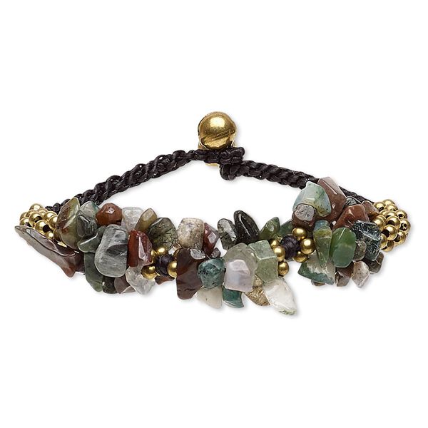 Fancy jasper / nylon / brass / steel 1pkg1, gold finish bracelet natural 7 inch bells / button clasp 20mm image number 0