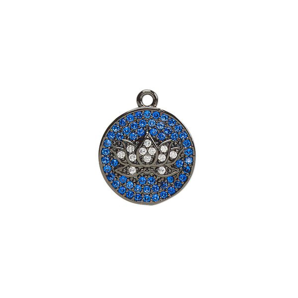 Drop, cubic zirconia and black-finished brass, blue and clear, 14.5mm single-sided round with lotus flower design. Sold individually. image number 0