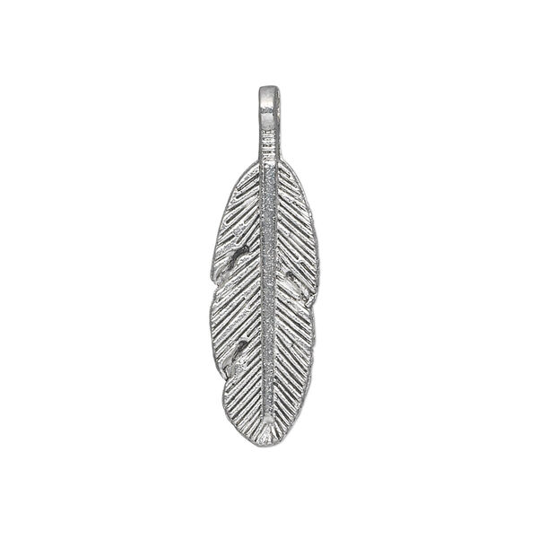 Charm, antique silver-plated "pewter" (zinc-based alloy), 26x9mm double-sided feather. Sold per pkg of 50. image number 0